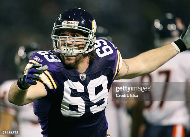 Jared Allen of the Minnesota Vikings celebrates after he sacked Jay Cutler of the Chicago Bears on November 29, 2009 at Hubert H. Humphrey Metrodome...