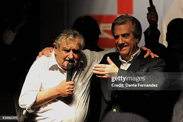 Uruguayan presidential candidate Jose Mujica of Frente Amplo and Tabare Vezquez after the announcement of the result of the run-off elections on...