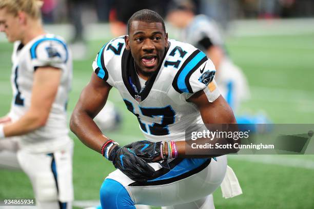 Devin Funchess of the Carolina Panthers prior to the game against the Atlanta Falcons at Mercedes-Benz Stadium on December 31, 2017 in Atlanta,...