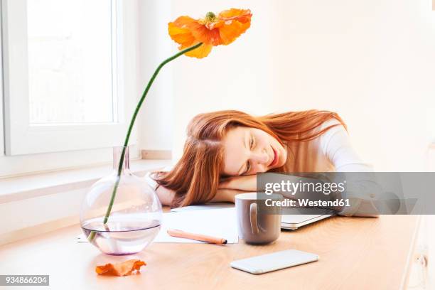 redheaded woman at home office having a break - poppies in vase stock pictures, royalty-free photos & images