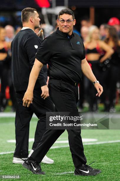 Head coach Ron Rivera of the Carolina Panthers prior to the game against the Atlanta Falcons at Mercedes-Benz Stadium on December 31, 2017 in...