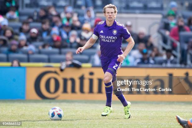 March 11: Jonathan Spector of Orlando City in action during the New York City FC Vs Orlando City SC regular season MLS game at Yankee Stadium on...