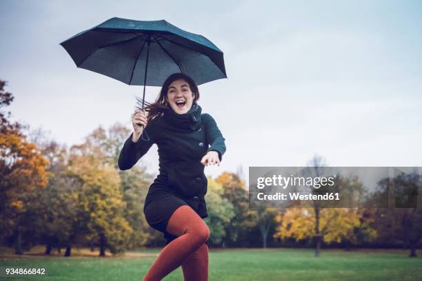 portrait of happy young woman with umbrella dancing in autumnal park - umbrella rain stock-fotos und bilder
