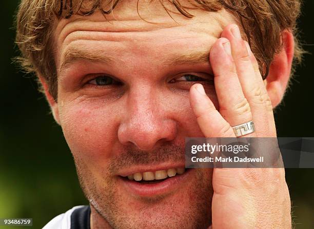 New Storm recruit Todd Lowrie speaks with media after a lap of the Tan track during a Melbourne Storm training session on November 30, 2009 in...