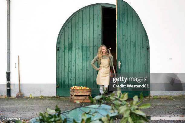 smiling woman on a farm standing at crate with apples - apfelernte stock-fotos und bilder