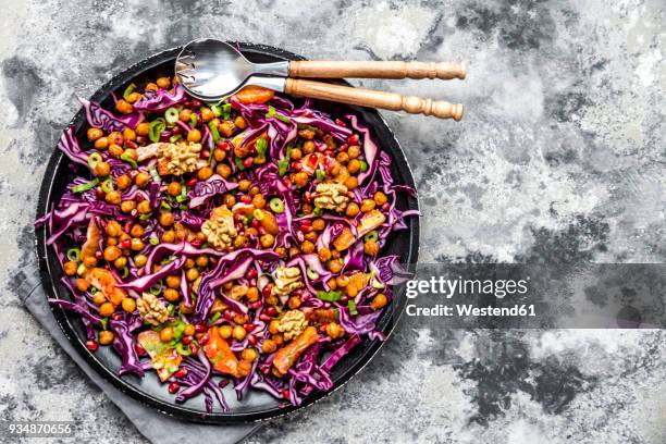 winter salad, red cabbage, roasted chickpea, blood orange, spring onion and walnut - roasted red onion fotografías e imágenes de stock