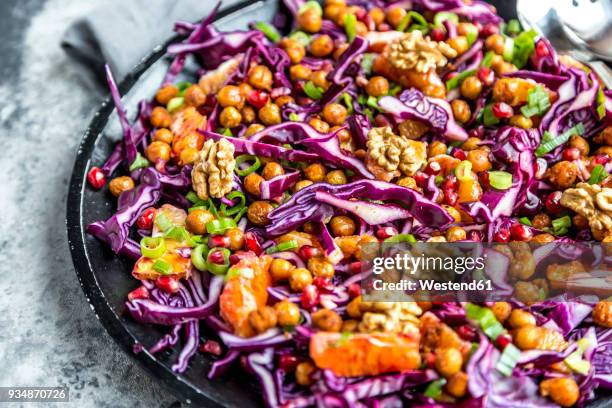 winter salad, red cabbage, roasted chickpea, blood orange, spring onion and walnut - roasted red onion fotografías e imágenes de stock