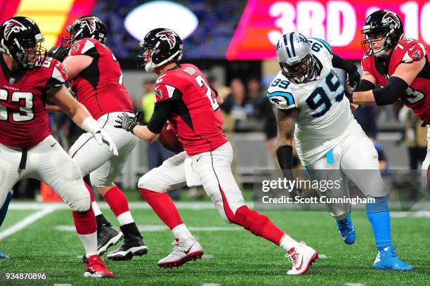 Matt Ryan of the Atlanta Falcons during the first half against the Carolina Panthers at Mercedes-Benz Stadium on December 31, 2017 in Atlanta,...