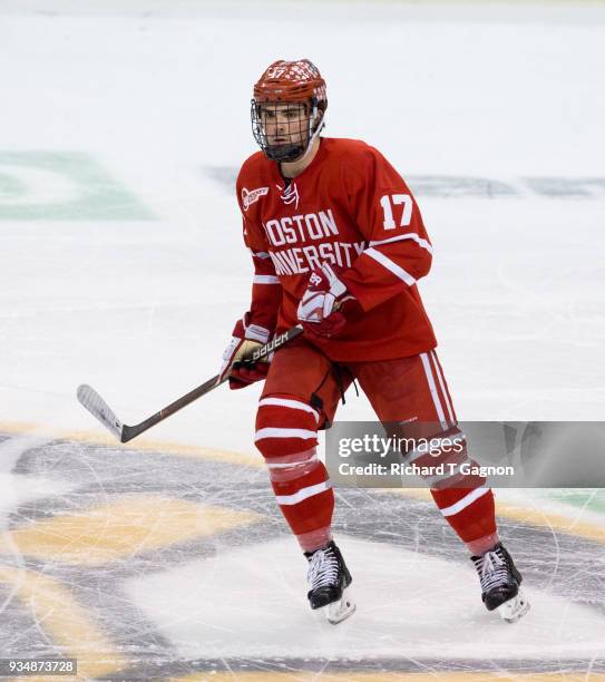 Dante Fabbro of the Boston University Terriers skates against the Providence College Friars during NCAA hockey in the Hockey East Championship Final...