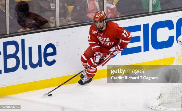 Dante Fabbro of the Boston University Terriers skates against the Providence College Friars during NCAA hockey in the Hockey East Championship Final...