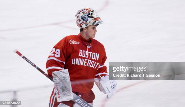 Jake Oettinger of the Boston University Terriers warms up before NCAA hockey against the Providence College Friars in the Hockey East Championship...