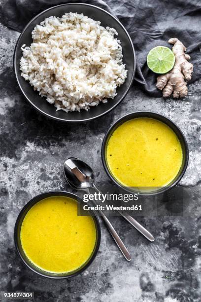 curcuma coco soup, rice, bowl, ginger and lime - curcuma 個照片及圖片檔