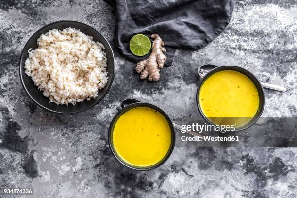 curcuma coco soup, rice, bowl, ginger and lime - curcuma 個照片及圖片檔