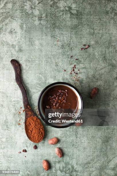 cup of chocolate pudding with cacao, cacao nibs and cocoa beans - chocolate pudding imagens e fotografias de stock