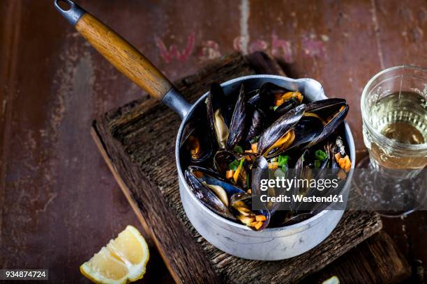 blue mussels in cooking pot - mussels bildbanksfoton och bilder