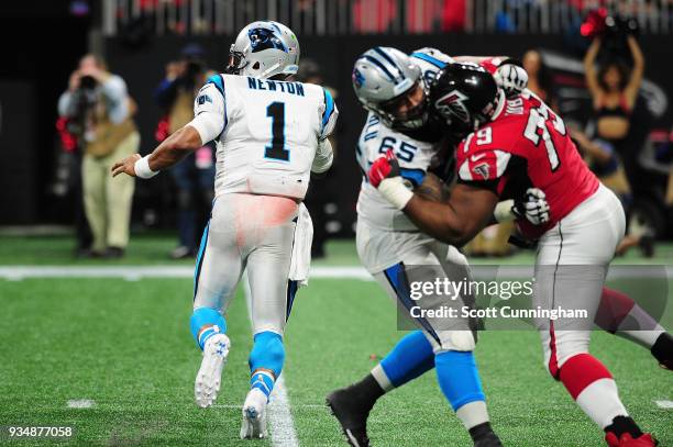 Cam Newton of the Carolina Panthers during the second half against the Atlanta Falcons at Mercedes-Benz Stadium on December 31, 2017 in Atlanta,...