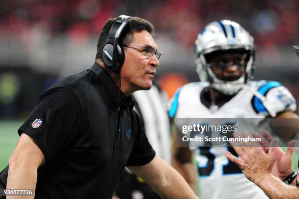 Head coach Ron Rivera of the Carolina Panthers during the second half against the Atlanta Falcons at Mercedes-Benz Stadium on December 31, 2017 in...