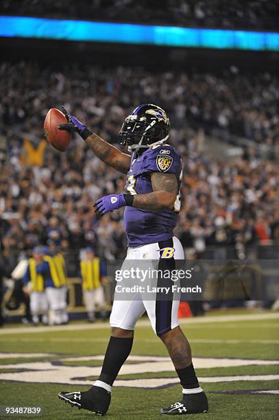 Willis McGahee of the Baltimore Ravens celebrates the Ravens first touchdown against the Pittsburgh Steelers at M&T Bank Stadium on November 29, 2009...