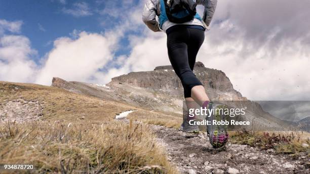 an adult woman trail running on a remote mountain trail - robb reece imagens e fotografias de stock