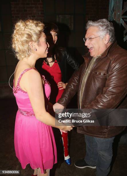 Kirstin Maldonado as "Lauren" and "Kinky Boots" Book Writer Harvey Fierstein chat backstage at the hit musical "Kinky Boots" on Broadway at The...