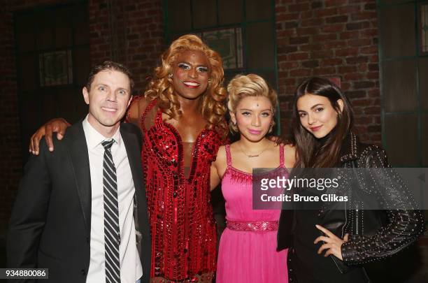 Jake Shears as "Charlie", Wayne Brady as "Lola", Kirstin Maldonado as "Lauren" and Victoria Justice pose backstage at the hit musical "Kinky Boots"...