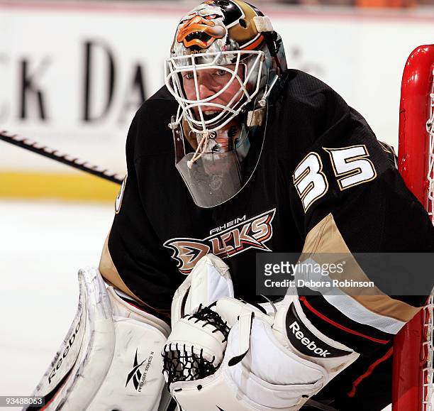 Jean-Sebastien Giguere of the Anaheim Ducks defends in the net during the game against the Phoenix Coyotes on November 29, 2009 at Honda Center in...