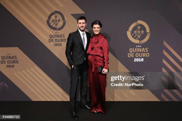 Daniel Oliveira and model and Tv presenter Andreia Rodrigues poses on arrival at 'Quinas de Ouro' 2018 ceremony held and the Pavilhao Carlos Lopes in...