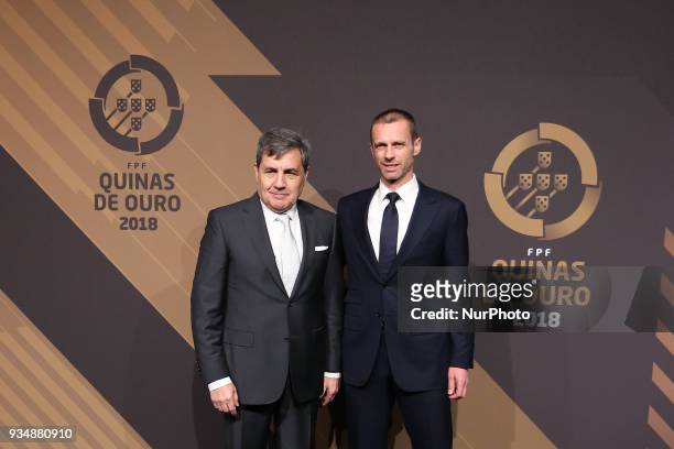 Portugal's football federation President Fernando Gomes accompanied by UEFAs President Aleksander Ceferin poses on arrival at 'Quinas de Ouro' 2018...