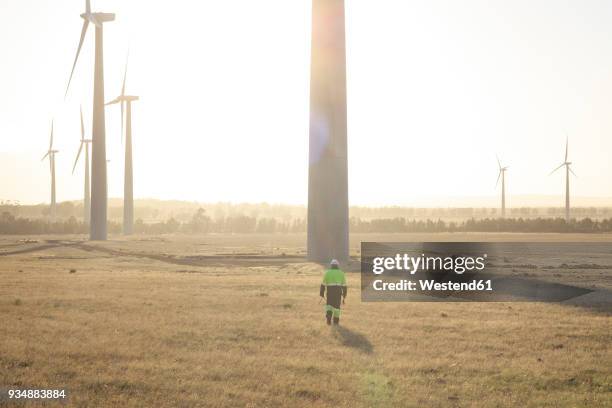 engineer walking on a wind farm at sunset - better view sunset stock pictures, royalty-free photos & images