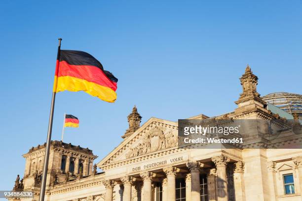 germany, berlin, regierungsviertel, reichstag building with german flags - flagge stock-fotos und bilder