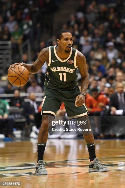 Brandon Jennings of the Milwaukee Bucks handles the ball during a game against the Atlanta Hawks at the Bradley Center on March 17, 2018 in...