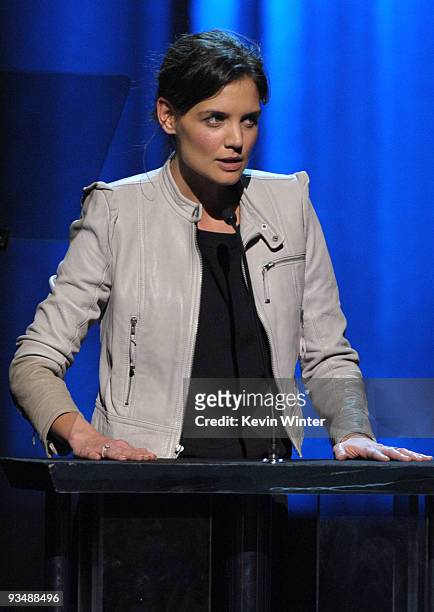 Actress Katie Holmes speaks onstage at the Dizzy Feet Foundation's Inaugural Celebration of Dance at The Kodak Theater on November 29, 2009 in...