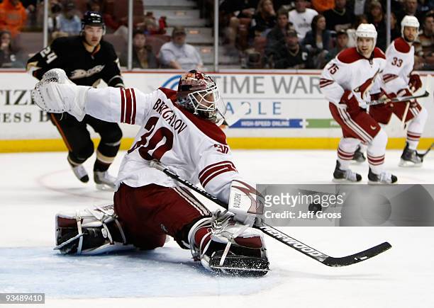 Goaltender Ilya Bryzgalov of the Phoenix Coyotes makes a save against the Anaheim Ducks in the third period at the Honda Center on November 29, 2009...