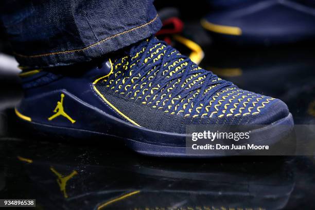 General view of NIKE Jumpman Michigan Edition pair of basketbal shoes worn by former NFL Player and ESPN's Sunday NFL Countdown host Charles Woodson...