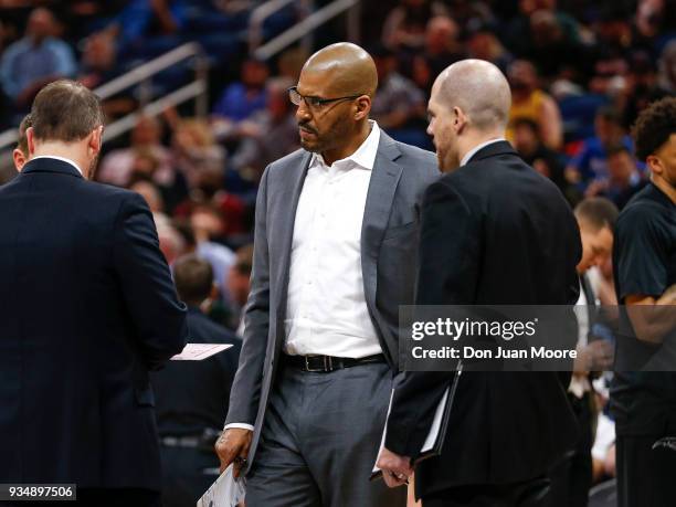 Assistant Coach Corliss Williamson of the Orlando Magic during a time out during the game against the Cleveland Cavaliers at the Amway Center on...