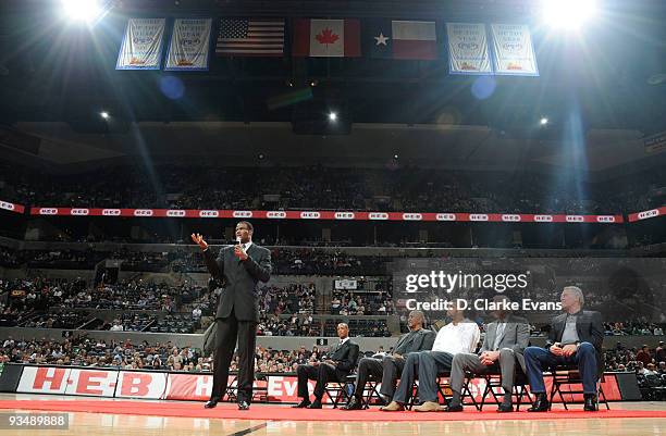 David Robinson addresses the crowd, as Sean Elliott, George Gervin, Tim Duncan, Gregg Popovich, and Peter Holt look on, as the San Antonio Spurs...