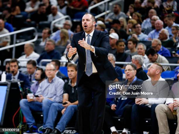 Head Coach Frank Vogel of the Orlando Magic calls a time-out during the game against the Cleveland Cavaliers at the Amway Center on February 6, 2018...