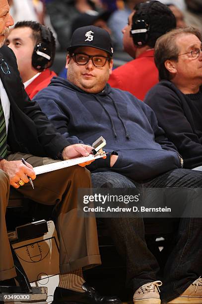 Actor Jonah Hill attends a game between the New Jersey Nets and the Los Angeles Lakers at Staples Center on November 29, 2009 in Los Angeles,...