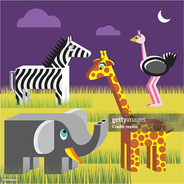 africa animals elephant giraffe ostrich zebra - serengeti night stock illustrations
