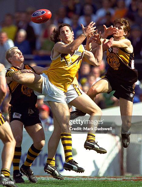 Sam Mitchell for Box Hill competes for the mark with his Werribee opponents during the VFL Grand Final between the Werribee Tigers and the Box Hill...