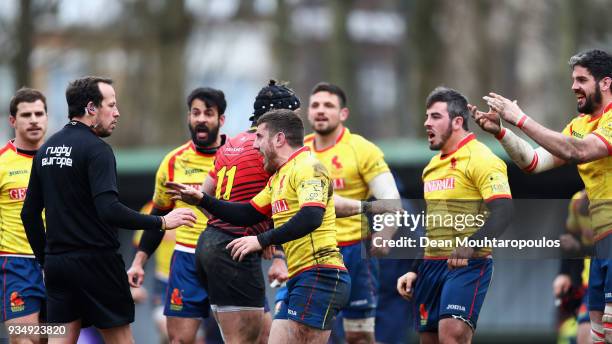 Players of Spain including Guillaume G Rouet confront the Romanian referee Vlad Iordachescu after defeat in the Rugby World Cup 2019 Europe Qualifier...