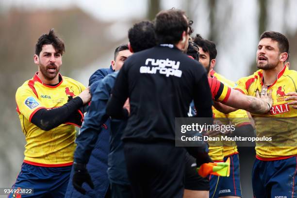 Players of Spain including Guillaume G Rouet confront the Romanian referee Vlad Iordachescu after defeat in the Rugby World Cup 2019 Europe Qualifier...