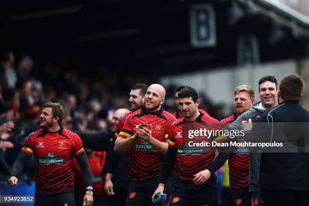 The players of Belgium celebrate victory after the Rugby World Cup 2019 Europe Qualifier match between Belgium and Spain held at Little Heysel next...