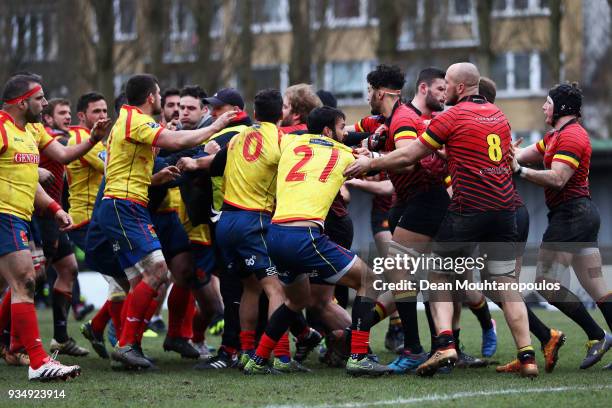 Players of Spain and of Belgium confront each other after the Rugby World Cup 2019 Europe Qualifier match between Belgium and Spain held at Little...