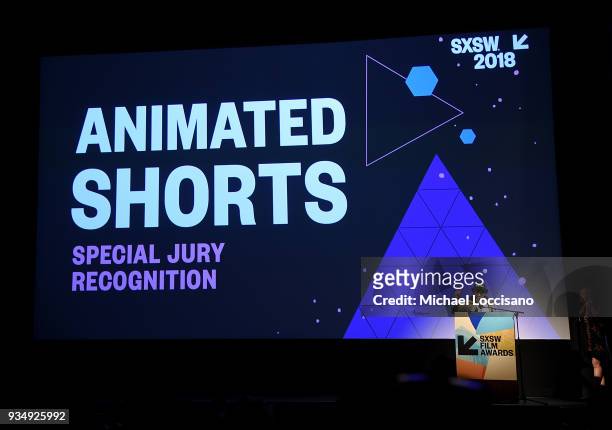 Jason Milov accepts the SXSW Animated Shorts award for "JEOM" at the SXSW Film Awards show during the 2018 SXSW Conference and Festivals at Paramount...