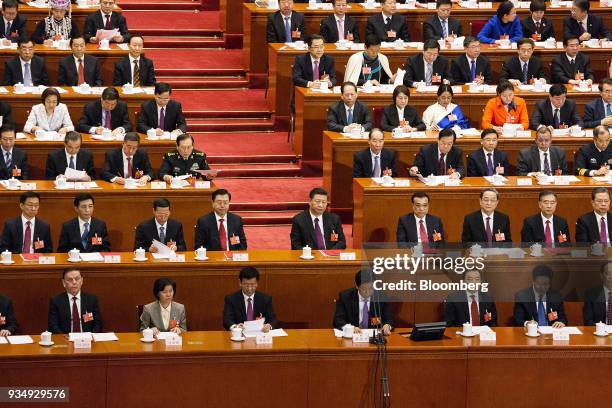 Han Zheng, China's executive vice premier, second row from left to right, Wang Huning, member of the Communist Party of China's Politburo Standing...