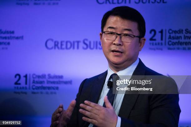 Zhenyi Tang, chairman of CLSA Ltd., speaks during the Credit Suisse Asian Investment Conference in Hong Kong, China, on Tuesday, March 20, 2018. The...