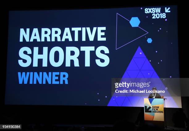 Director Carey Williams accepts the Narrative Shorts award for "Emergency" at the SXSW Film Awards show during the 2018 SXSW Conference and Festivals...