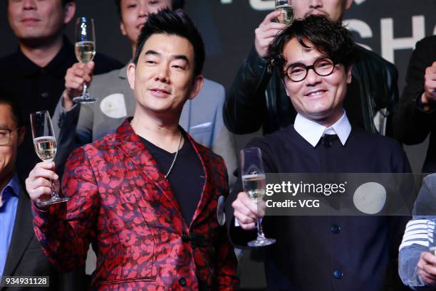 Singer Richie Jen and actor Gordon Lam Ka-tung attend the Sun Entertainment Culture & Fei Fan Entertainment Showcase on March 20, 2018 in Hong Kong,...