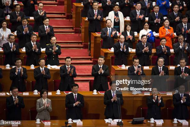 Wang Huning, member of the Communist Party of China's Politburo Standing Committee, second row from left to right, Zhang Gaoli, China's former vice...